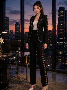 Vintage Cache Black Blazer & Pant Set Hook Eye Pink Trim Size 2